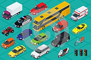 Car icons. Flat 3d isometric high quality city transport. Sedan, van, cargo truck, off-road, bus, scooter, motorbike