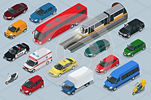 Car icons. Flat 3d isometric high quality city transport car icon set.