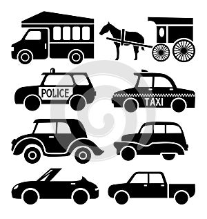 Car icons set, black auto pictogram collection