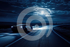 A car illuminated by headlights drives down a dimly lit road at night, A sports car under moonlight on a winding road, AI