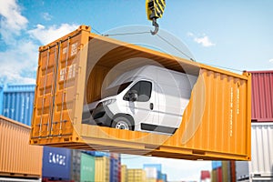 Car import export, transportation, shipment and delivery concept. Van inside of conteiner loading by crane