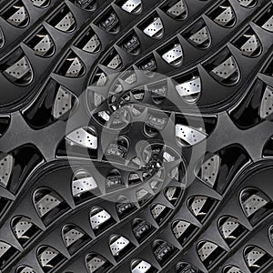 Car industry abstract fractal background pattern of sport car automobile wheel elements brake disk tire spokes. Linear industrial