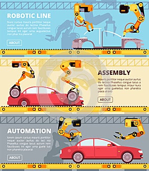 Car industry assembly line. Auto production factory with industrial robots. Automobile manufacturing vector banners set