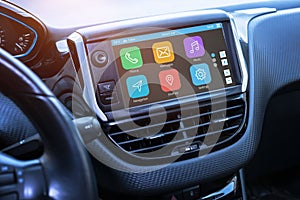 Car infotainment board display with apps. Modern car interior