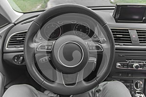 Car inside driver place, Interior of prestige modern car, steering wheel