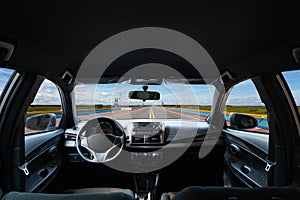 Car inside, Interior of modern car isolated white background.