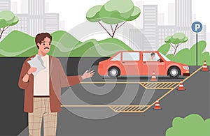 Car instructor teaching young man to drive a car during driving lessons vector flat illustration.