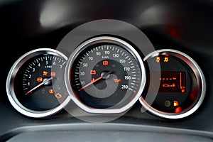 Car instrument dashboard. Starting engine, with warning lights on