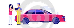 Car insurance accident. Woman auto damage. Girl driver and service manager near . Flat tire vector illustration