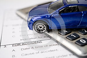 Car on Insurance claim accident car form background, Car loan, Finance, saving money, insurance and leasing time concepts