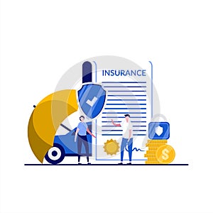 Car insurance concept with character. People stand near document, car, coin, umbrella protection, padlock, shield. Auto insurance