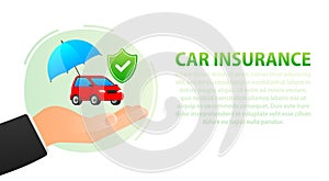 Car Insurance Concept with Protection Umbrella and Safety Shield. Vector stock illustration