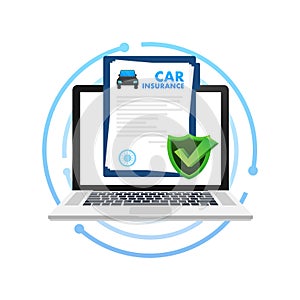 Car insurance contract document over hands. Shield icon. Protection. Vector stock illustration