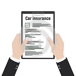 Car insurance document report vector illustration, flat cartoon paper agreement checklist or loan checkmarks form list approved