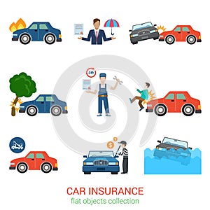 Car insurance flat vector icon pack: accident, service, loss