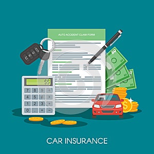 Car insurance form concept vector illustration. Auto keys, car, calculator and money