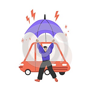 Car Insurance with Happy Man Character with Red Automobile Under Umbrella Vector Illustration