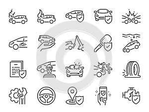 Car insurance icon set. Included icons as emergency, risk management, protection, accident, Side Collision, Front Collision, Broke