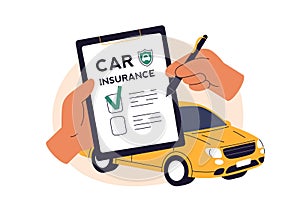 Car insurance policy. Hands checking risk coverage, signing document. Insured auto transport concept. Automobile vehicle
