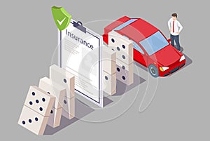 Car insurance policy stopping domino effect, vector isometric illustration. Auto safety and protection.