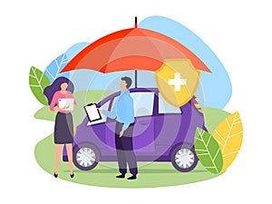 Car insurance protection umbrella concept vector illustration. Agent character holds document confirming conclusion
