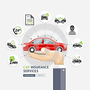 Car insurance services. Business hands holding red car.