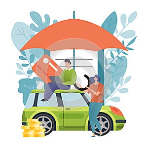 Car insurance vector illustration, auto vehicle accident protection business infographic concept, safe care service to