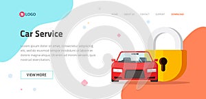 Car insurance or vehicle protection service website template design vector layout or mockup, flat cartoon web site