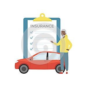 Car insurence. Insurance document, car and senior man. Flat cartoon style