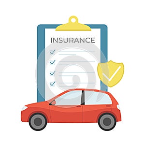 Car insurence. Insurance document, car and shield. Flat cartoon style