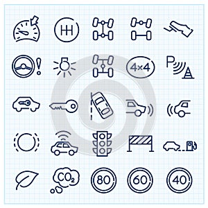 Car interface thin line icons set