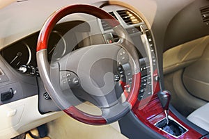 Car interior. Car dashboard, illuminated panel, speed display