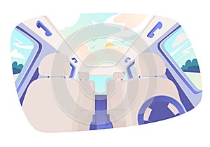 Car interior, cars inside. Empty car interior. Elements of interior - passenger seats, steering wheel.