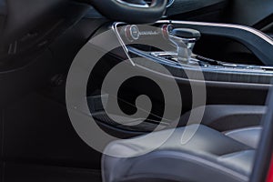 Car interior console close up view.