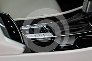 Car interior console close up view.