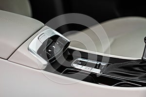 Car interior console close up view.