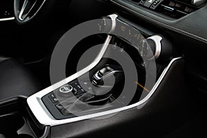 Car interior console close up view.