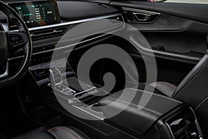 Car interior console close up view.