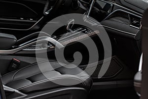 Car interior console close up view.