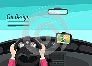 Car Interior Design with Hands on Steering Wheel