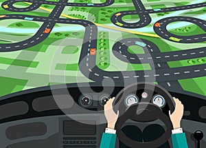 Car Interior with Hands on Steering Wheel and City Map