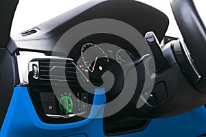 Car interior with light switch. The light knob in the car. Multifunction headlight console control switch. Turn on-off headlight s