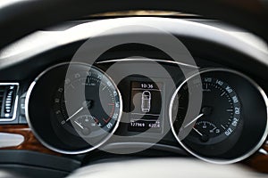 Car interior, New Car Dashboard Car gear shifter Car panel instrument speedometer and tachometer