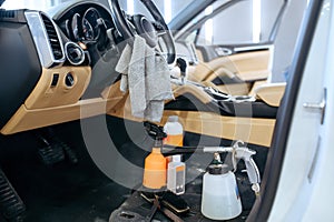 Car interior and tools for dry cleaning, detailing