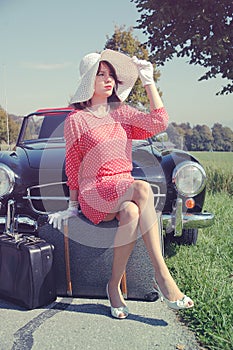 Car journey of the beautiful women, fifties style