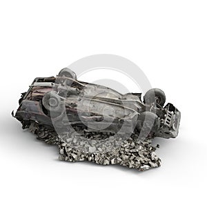 Car junk that has been flipped upside down on the ground against a white background, 3D rendered