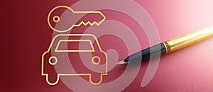 Car and key icons in gradient gold on dark pink and luxury pen. Car insurance or automobile market concept