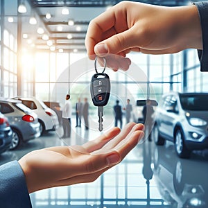car key in a manâ€™s hand on car dealership background