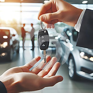 car key in a manâ€™s hand on car dealership background