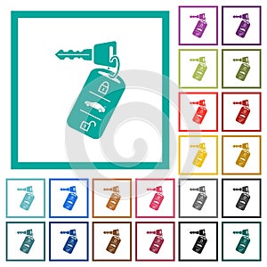 Car key with remote control flat color icons with quadrant frames photo